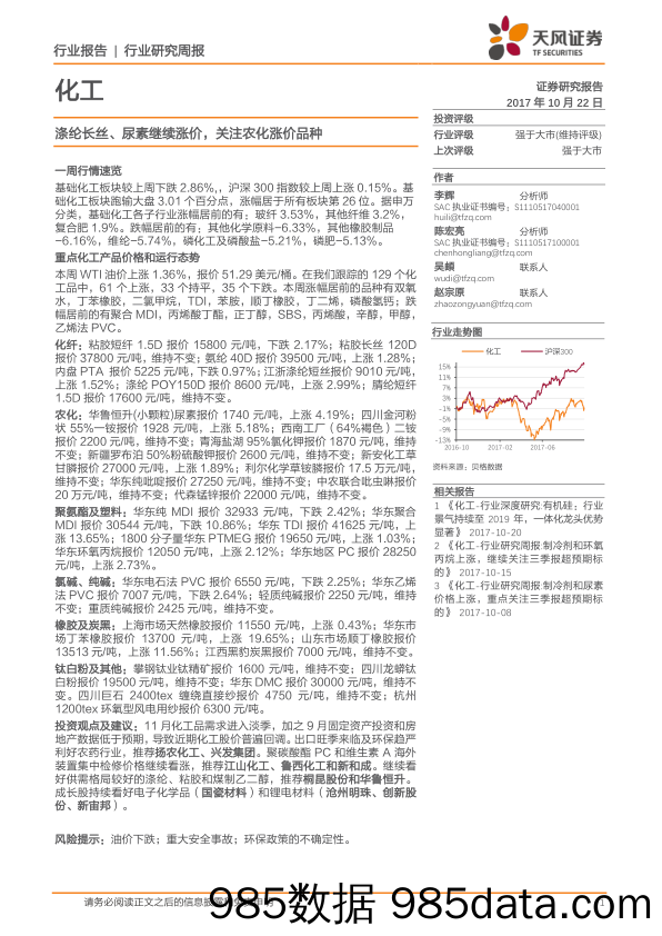 化工行业研究周报：涤纶长丝、尿素继续涨价，关注农化涨价品种_天风证券