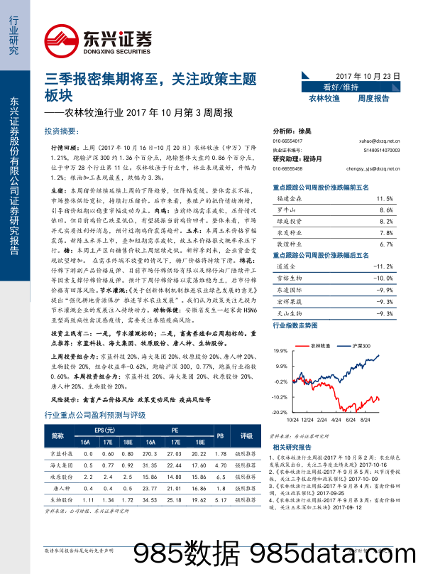 农林牧渔行业2017年10月第3周周报：三季报密集期将至，关注政策主题板块_东兴证券