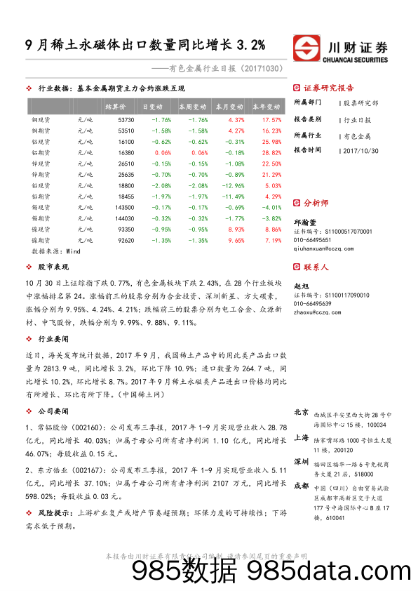 有色金属行业日报：9月稀土永磁体出口数量同比增长3.2%_川财证券