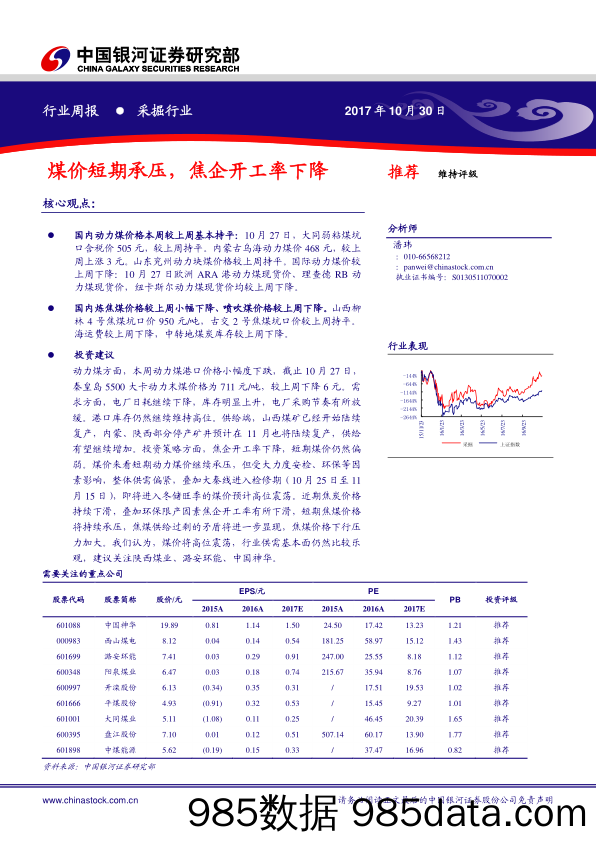 采掘行业周报：煤价短期承压，焦企开工率下降_中国银河