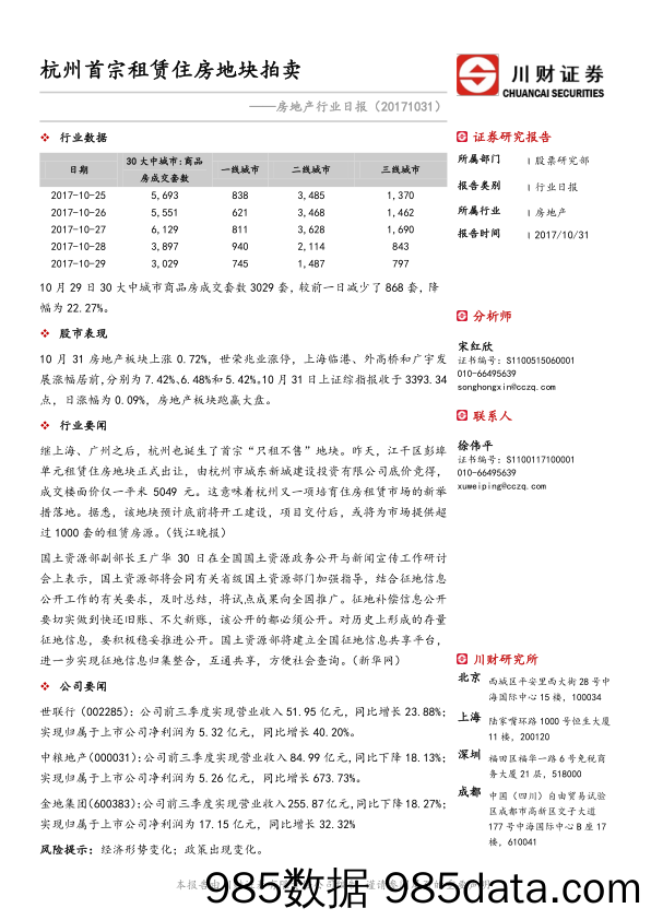 房地产行业日报：杭州首宗租赁住房地块拍卖_川财证券