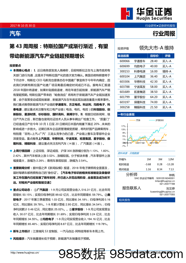 汽车第43周周报：特斯拉国产或渐行渐近，有望带动新能源汽车产业链超预期增长_华金证券