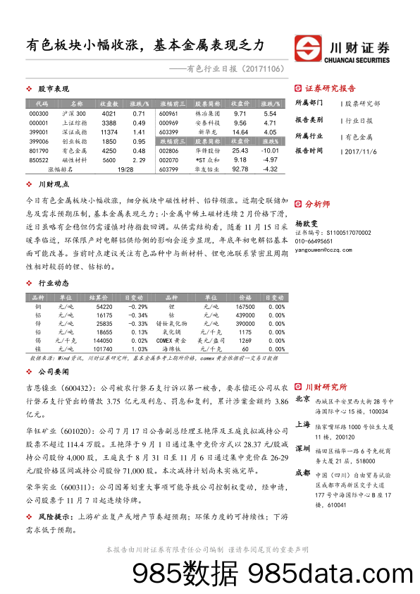 有色行业日报：有色板块小幅收涨，基本金属表现乏力_川财证券