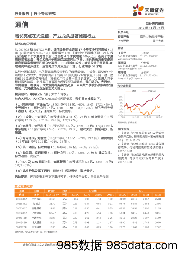 通信行业专题研究：增长亮点在光通信，产业龙头显著跑赢行业_天风证券