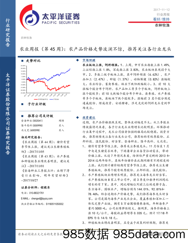 农业周报（第45周）：农产品价格走势波澜不惊，推荐关注各行业龙头_太平洋