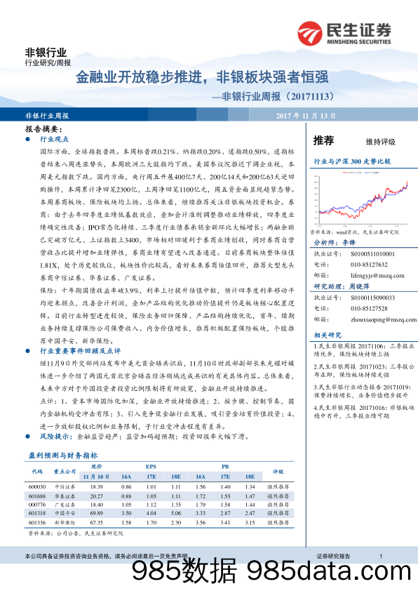 非银行业周报：金融业开放稳步推进，非银板块强者恒强_民生证券