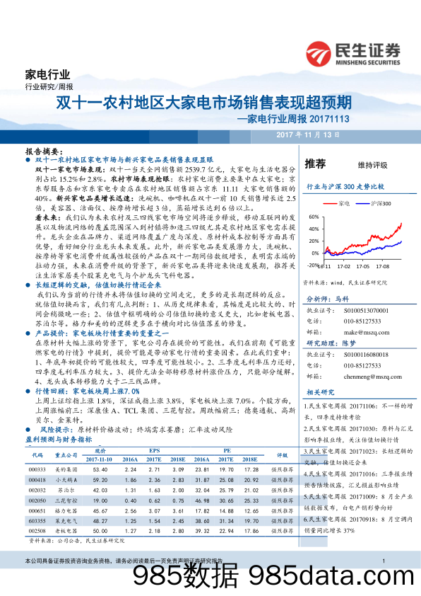 家电行业周报：双十一农村地区大家电市场销售表现超预期_民生证券