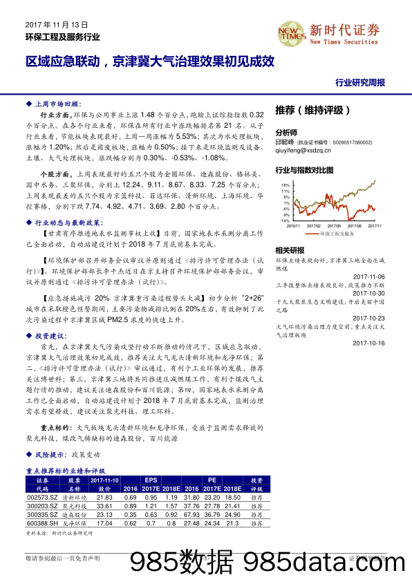 环保工程及服务行业研究周报：区域应急联动，京津冀大气治理效果初见成效_新时代证券