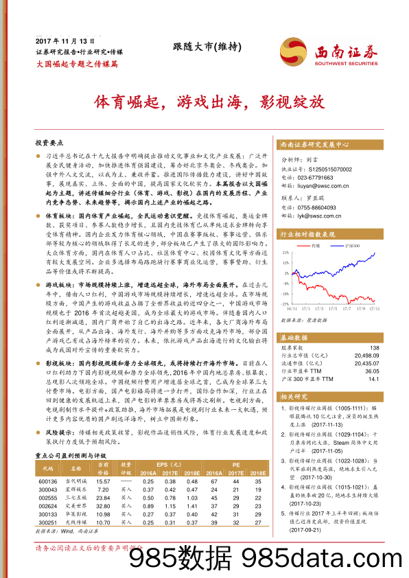 大国崛起专题之传媒篇：体育崛起，游戏出海，影视绽放_西南证券