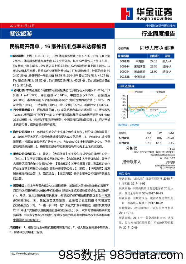 餐饮旅游行业周度报告：民航局开罚单，16家外航准点率未达标被罚_华金证券