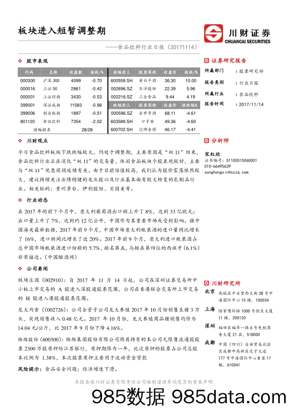 食品饮料行业日报：板块进入短暂调整期_川财证券