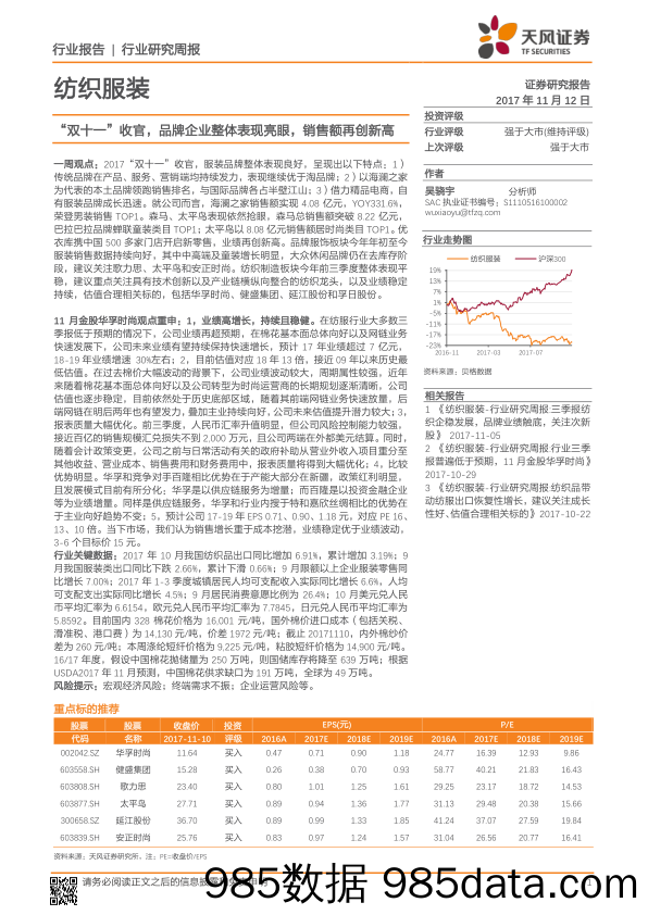 纺织服装行业研究周报：“双十一”收官，品牌企业整体表现亮眼，销售额再创新高_天风证券