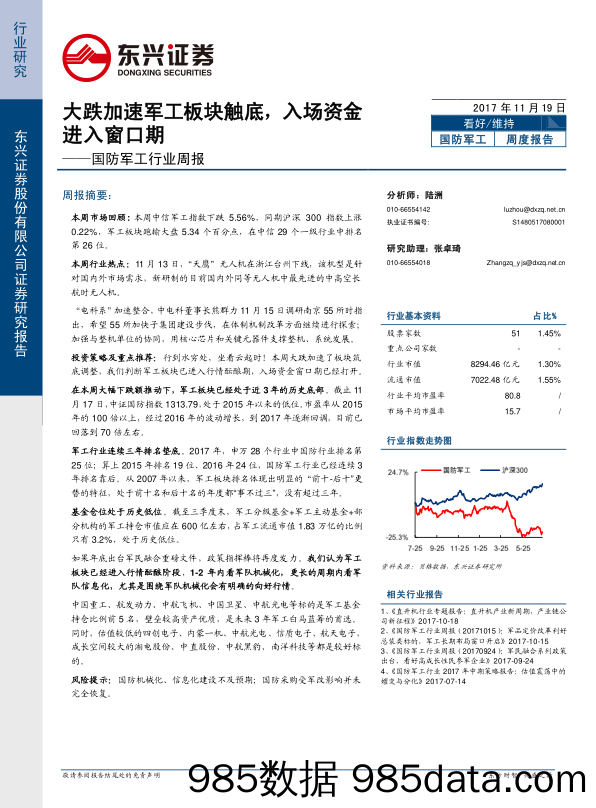 国防军工行业周报：大跌加速军工板块触底，入场资金进入窗口期_东兴证券