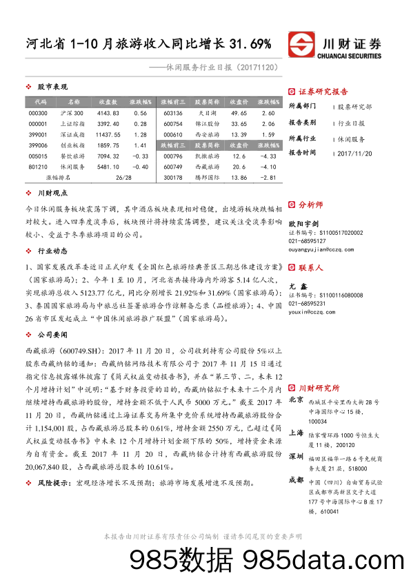 休闲服务行业日报：河北省1-10月旅游收入同比增长31.69%_川财证券