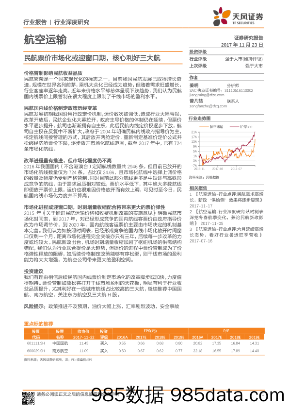 航空运输：民航票价市场化或迎窗口期，核心利好三大航_天风证券