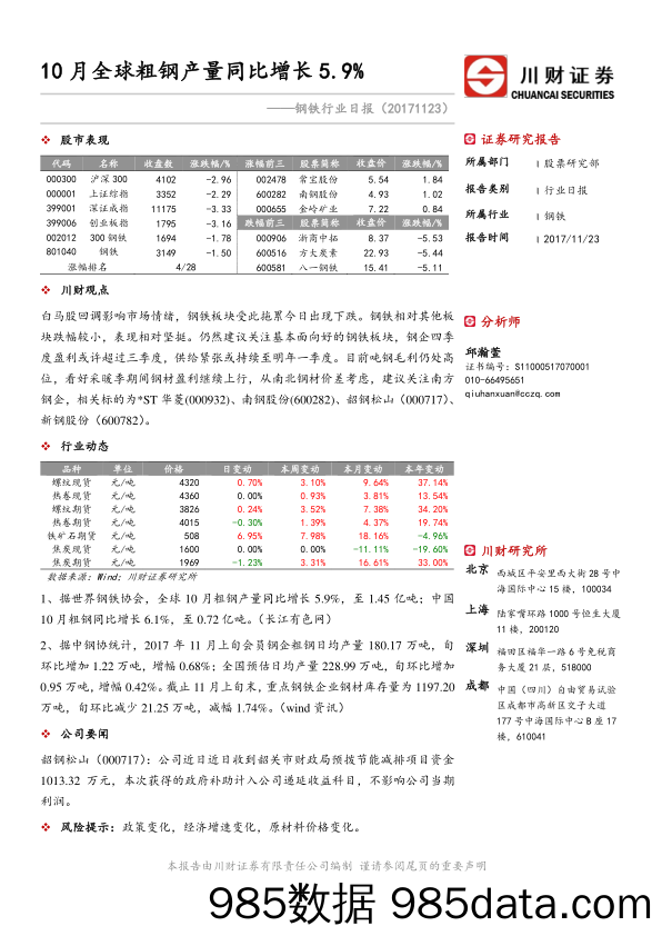 钢铁行业日报：10月全球粗钢产量同比增长5.9%_川财证券