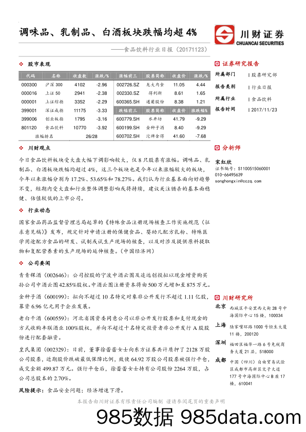 食品饮料行业日报：调味品、乳制品、白酒板块跌幅均超4%_川财证券