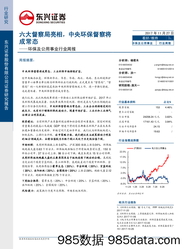 环保及公用事业行业周报：六大督察局亮相，中央环保督察将成常态_东兴证券