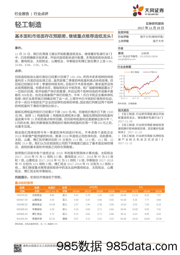 轻工制造行业点评：基本面和市场面存在预期差，继续重点推荐造纸龙头！_天风证券