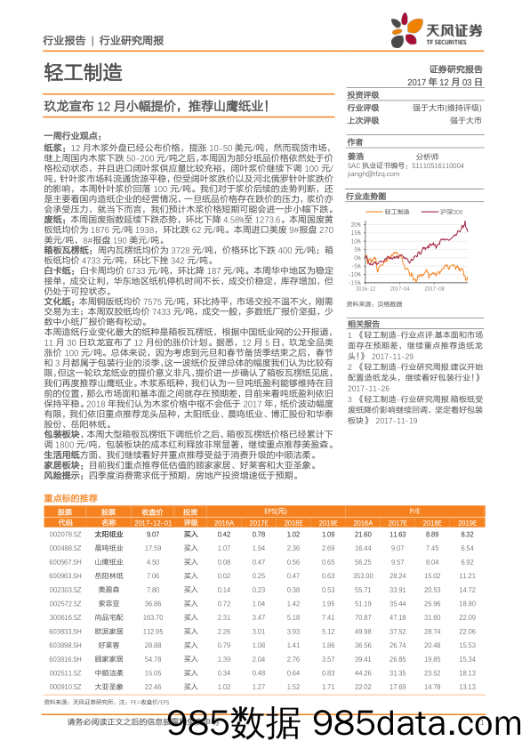 轻工制造行业研究周报：玖龙宣布12月小幅提价，推荐山鹰纸业！_天风证券