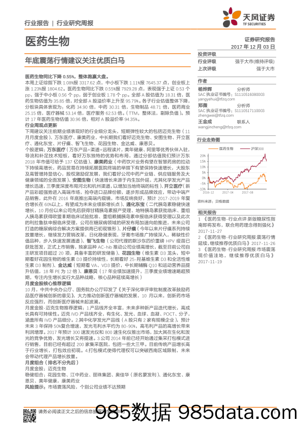 医药生物行业研究周报：年底震荡行情建议关注优质白马_天风证券