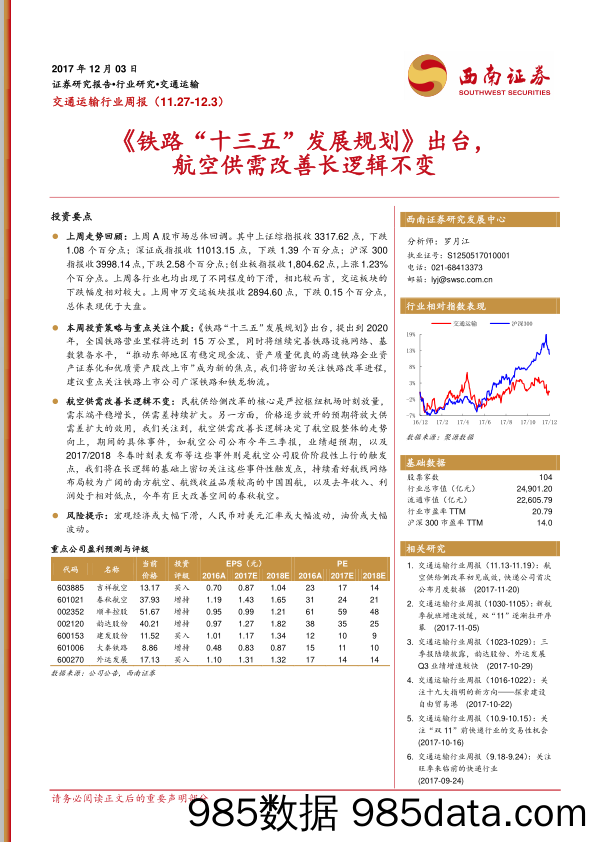 交通运输行业周报：《铁路“十三五”发展规划》出台，航空供需改善长逻辑不变_西南证券