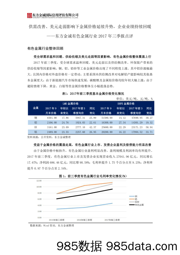 有色金属行业2017年三季度点评：供需改善、美元走弱影响下金属价格延续升势，企业业绩持续回暖_东方金诚