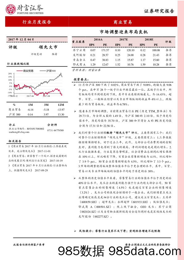 商业贸易行业月度报告：市场调整迎来布局良机_财富证券