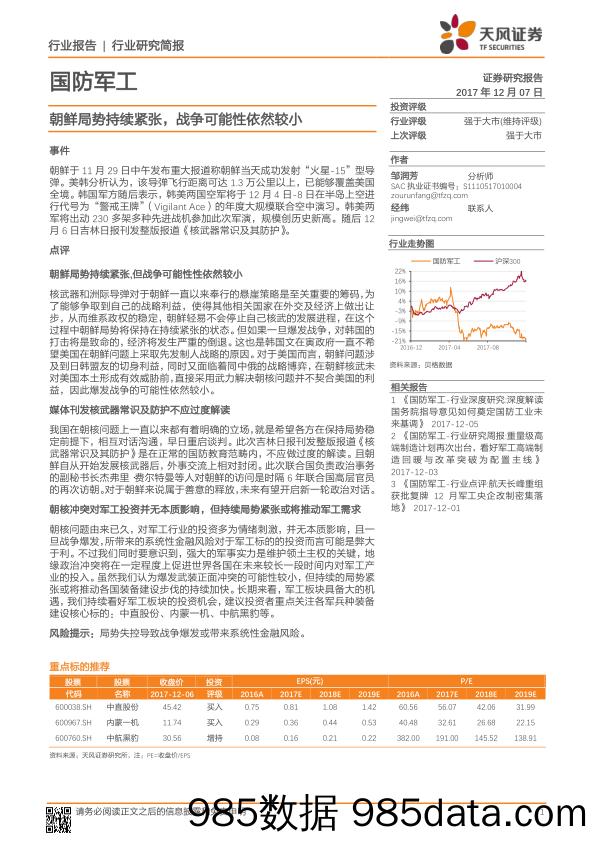 国防军工行业研究简报：朝鲜局势持续紧张，战争可能性依然较小_天风证券