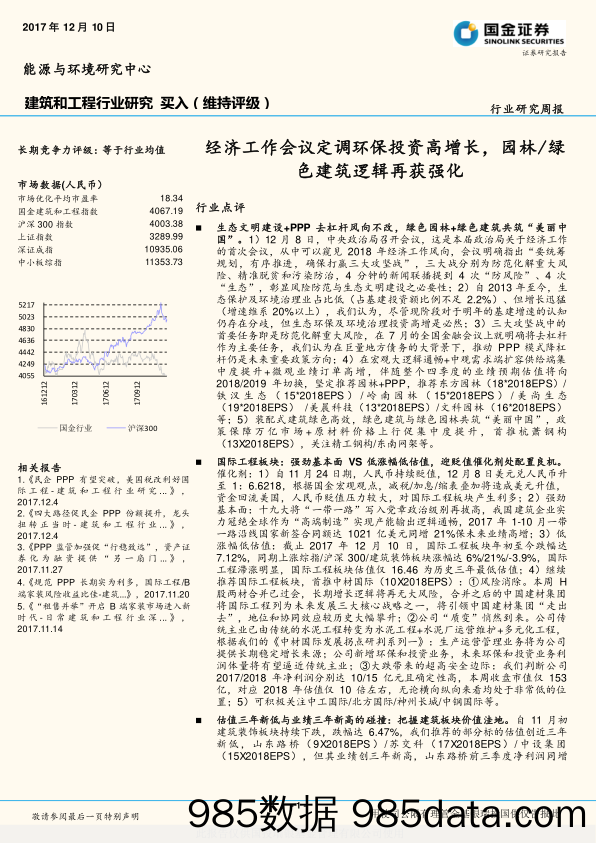 建筑和工程行业研究周报：经济工作会议定调环保投资高增长，园林 绿色建筑逻辑再获强化_国金证券