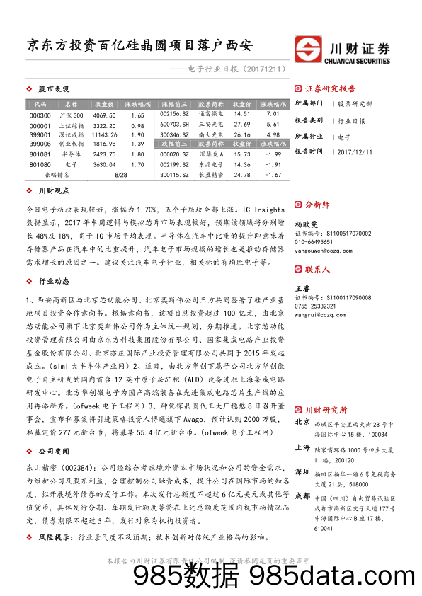 电子行业日报：京东方投资百亿硅晶圆项目落户西安_川财证券插图