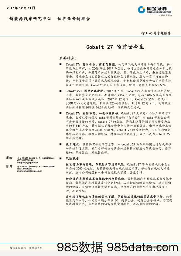 钴行业专题报告：Cobalt 27的前世今生_国金证券