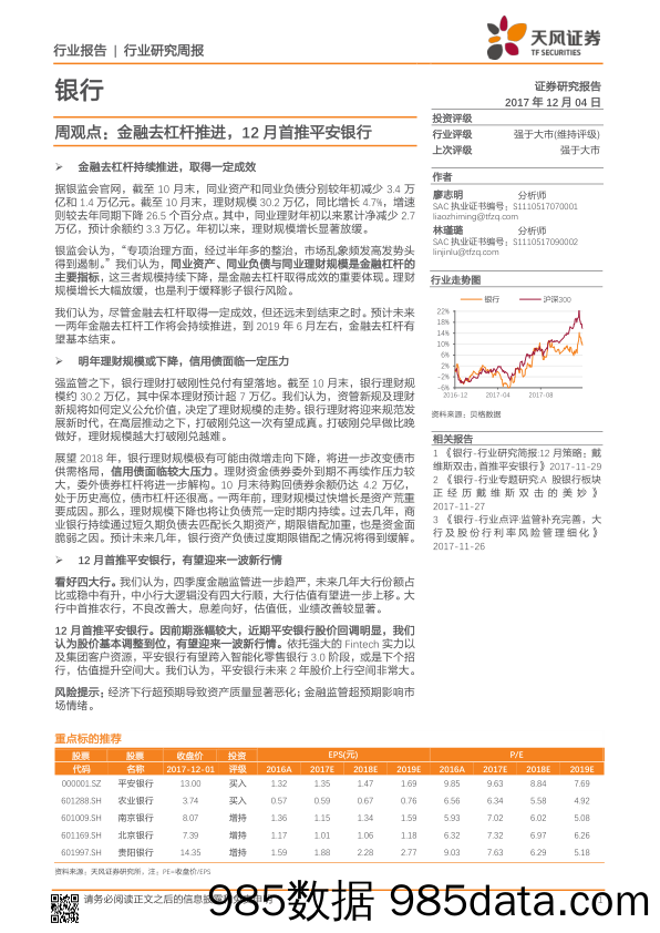 银行周观点：金融去杠杆推进，12月首推平安银行_天风证券