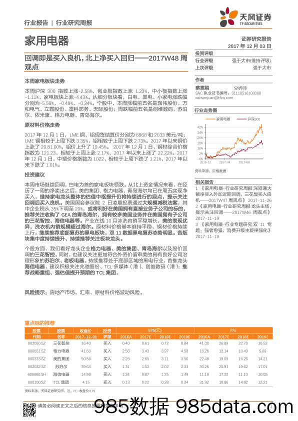 家用电器行业研究周报：回调即是买入良机，北上净买入回归_天风证券