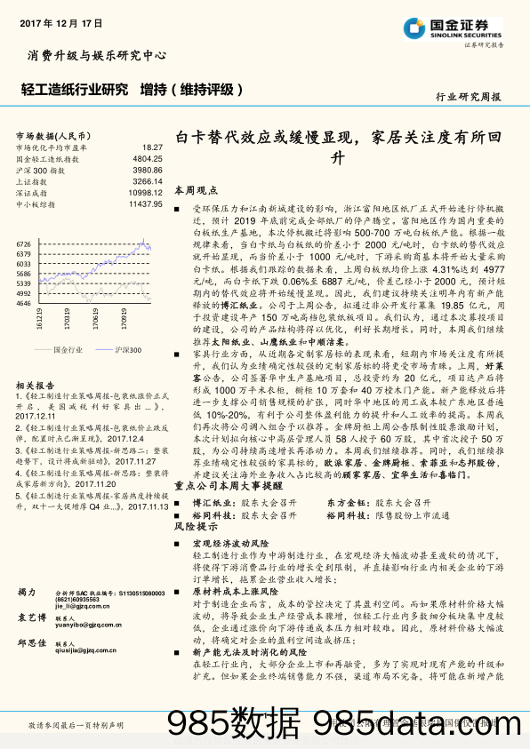 轻工造纸行业研究周报：白卡替代效应或缓慢显现，家居关注度有所回升_国金证券