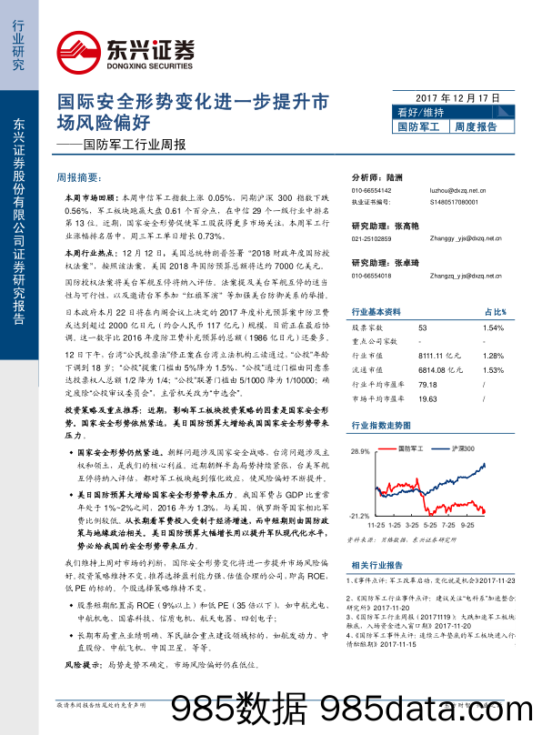 国防军工行业周报：国际安全形势变化进一步提升市场风险偏好_东兴证券