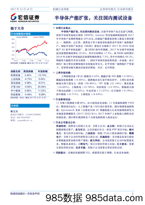 机械行业周报：半导体产能扩张，关注国内测试设备_宏信证券