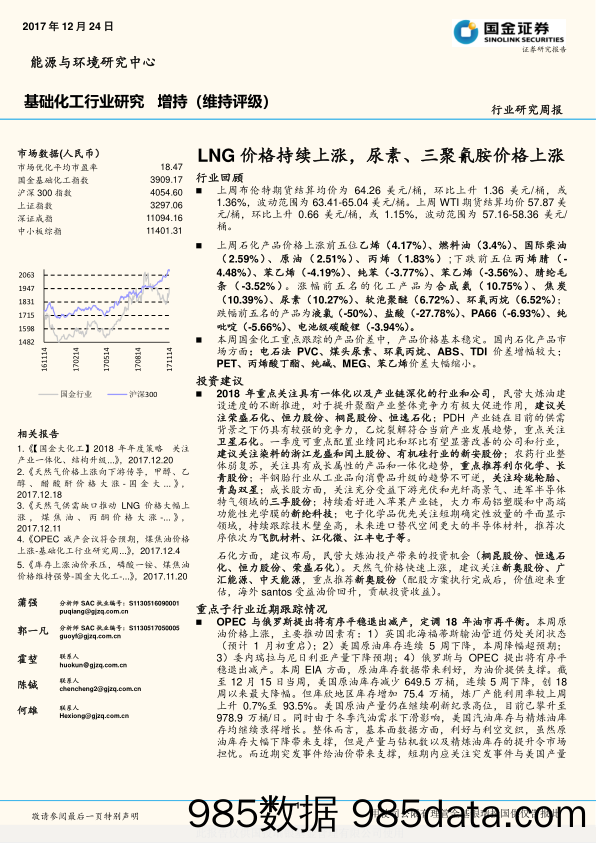 基础化工行业研究：LNG价格持续上涨，尿素、三聚氰胺价格上涨_国金证券