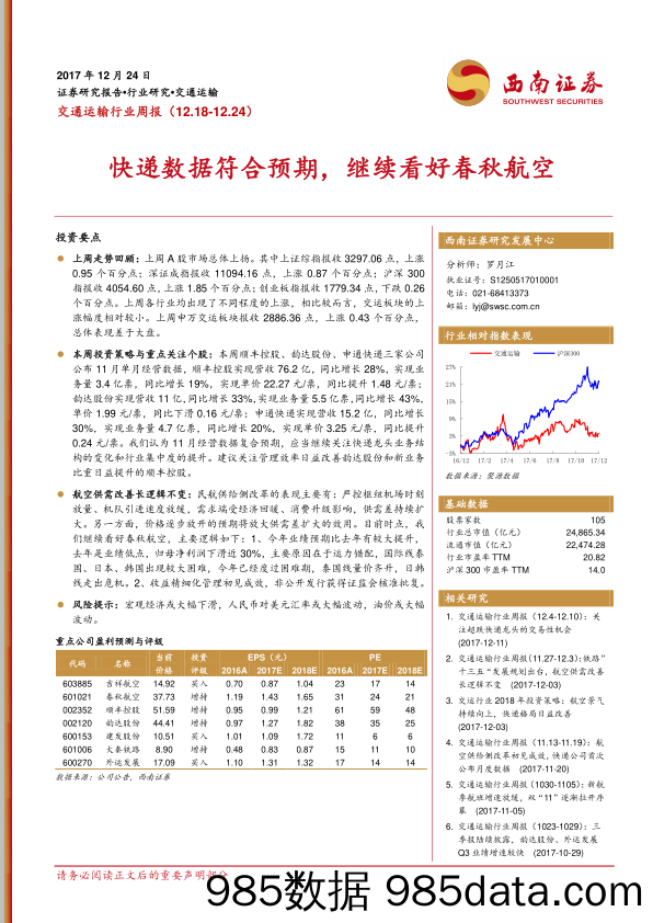 交通运输行业周报：快递数据符合预期，继续看好春秋航_西南证券