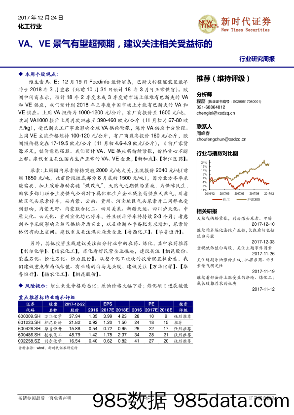 化工行业研究周报：VA、VE景气有望超预期，建议关注相关受益标的_新时代证券