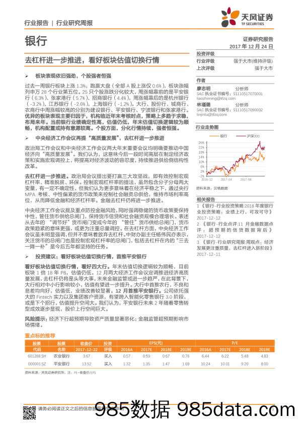 银行行业业研究周报：去杠杆进一步推进，看好板块估值切换行情_天风证券