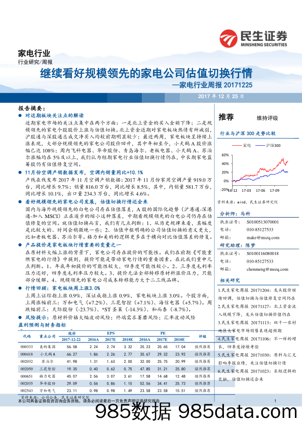 家电行业周报：继续看好规模领先的家电公司估值切换行情_民生证券