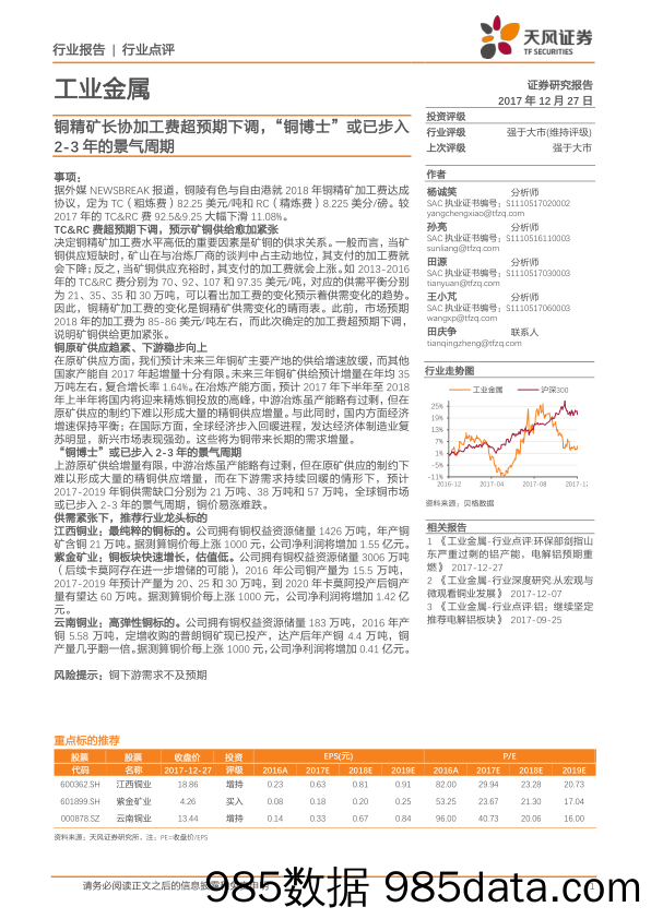 工业金属：铜精矿长协加工费超预期下调，“铜博士”或已步入2-3年的景气周期_天风证券