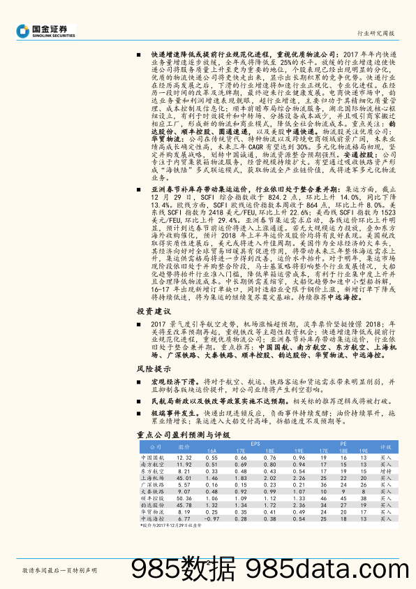 交通运输产业行业研究周报：交运2017年回顾，航空机场一枝独秀_国金证券插图1