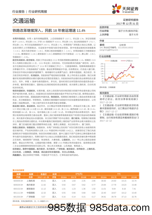 交通运输行业研究周报：铁路改革继续深入，民航18年客运增速11.4%_天风证券