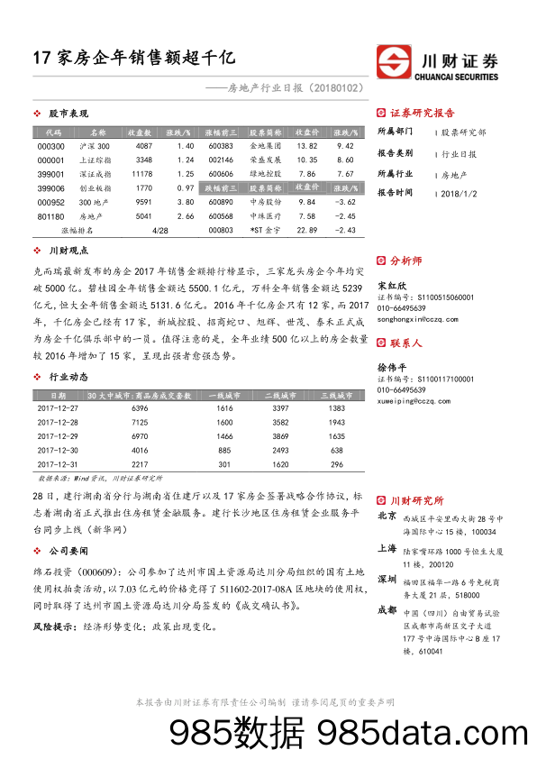 房地产行业日报：17家房企年销售额超千亿_川财证券