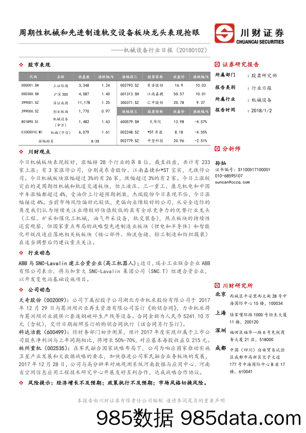 机械设备行业日报：周期性机械和先进制造轨交设备板块龙头表现抢眼_川财证券