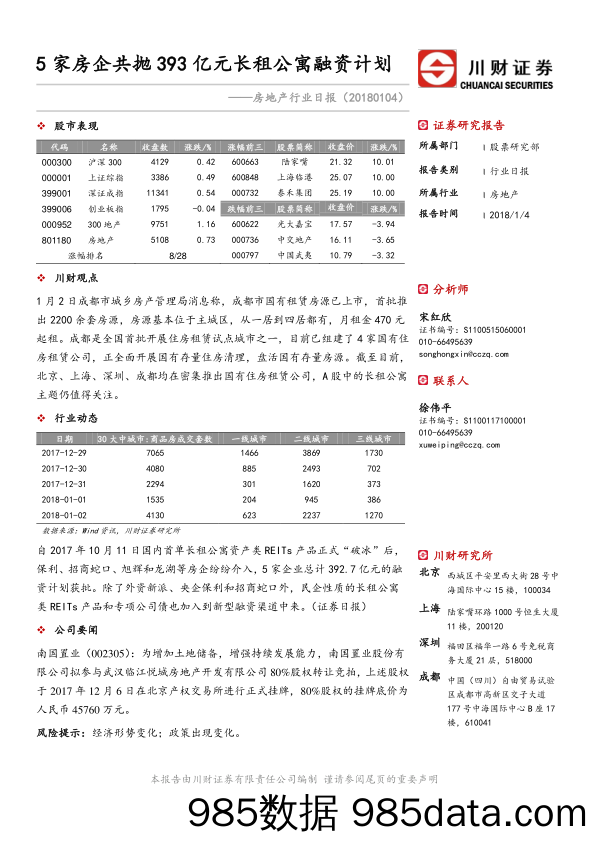 房地产行业日报：5家房企共抛393亿元长租公寓融资计划_川财证券