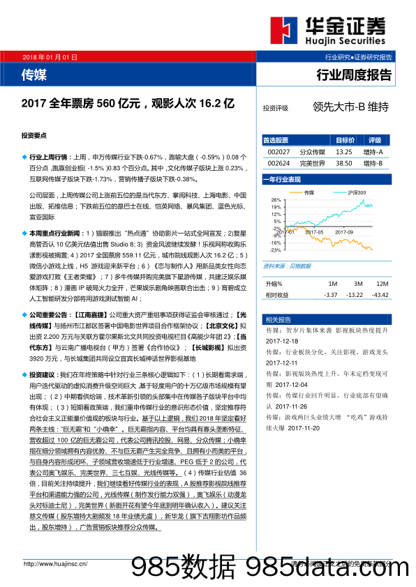 传媒行业周度报告：2017全年票房560亿元，观影人次16.2亿_华金证券