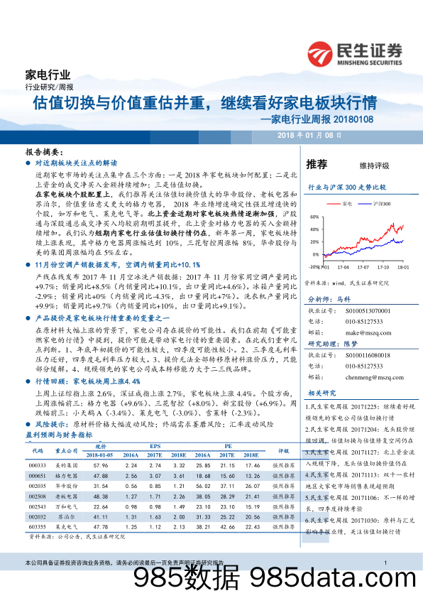 家电行业周报：估值切换与价值重估并重，继续看好家电板块行情_民生证券